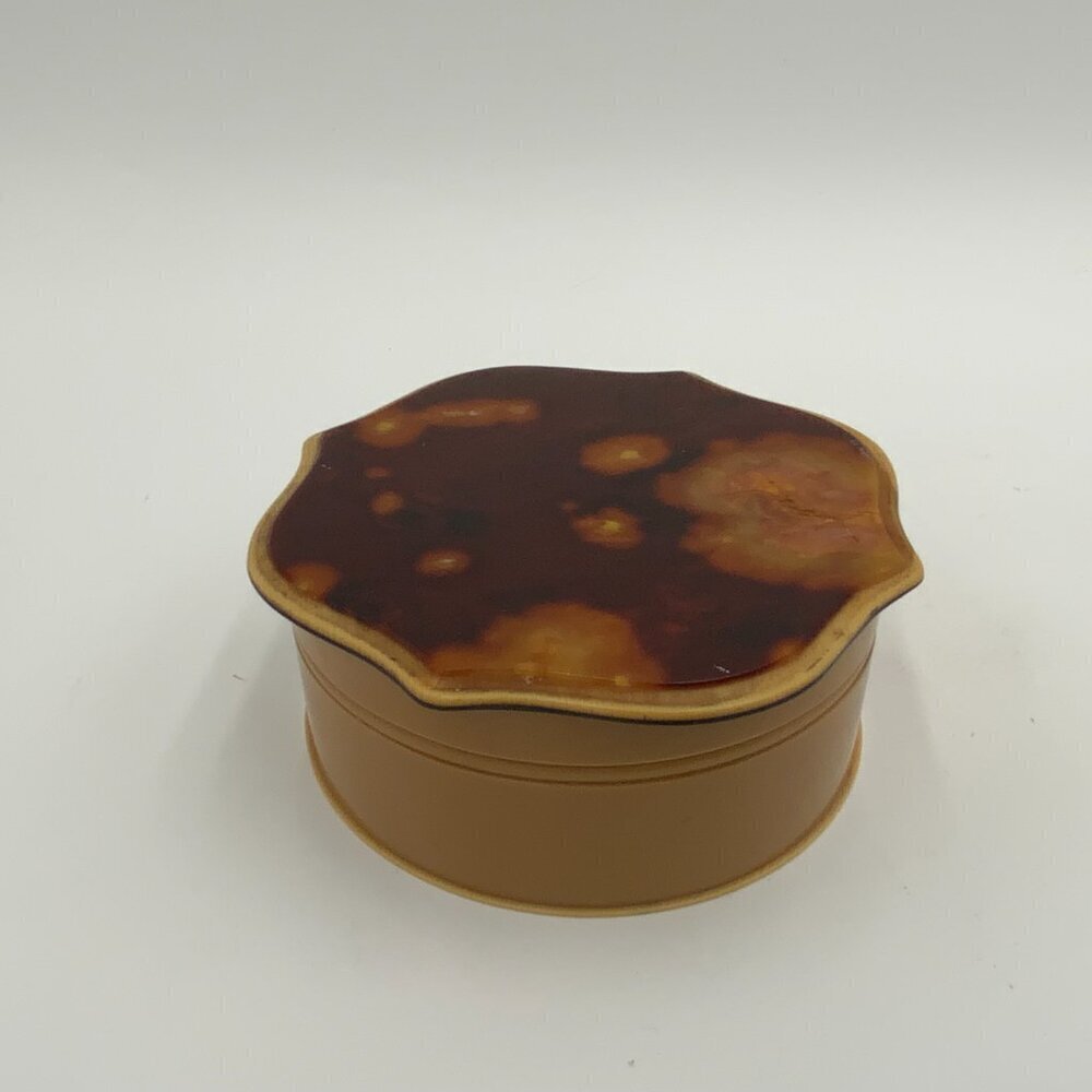 VTG Art Deco Tan Celluloid Powder Puff Box w/Tortoise Design Lid 4 1/2" x 2" - Picture 7 of 10